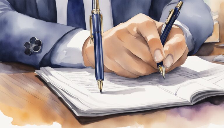 Businessman signing documents, elegant blue pen.