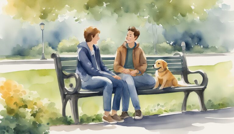 Two friends and dog chatting on park bench.