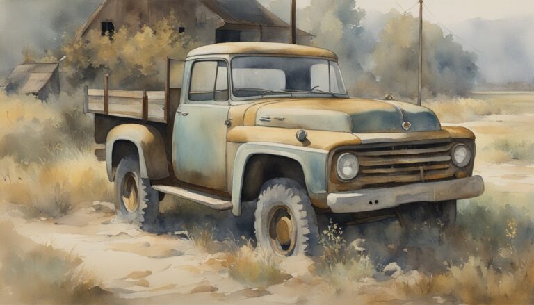 Vintage truck in a rustic watercolor landscape.