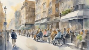 Watercolor painting of busy urban street with diverse pedestrians.