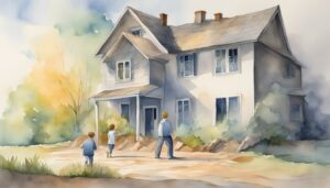 Family walks toward blue house in watercolor landscape.