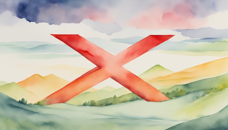 Watercolor landscape with red cross overlay.