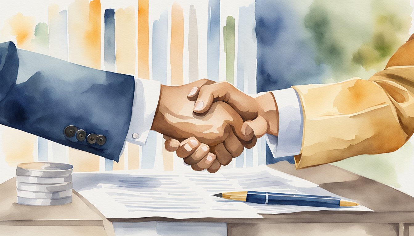 Handshake over business papers, watercolor illustration.