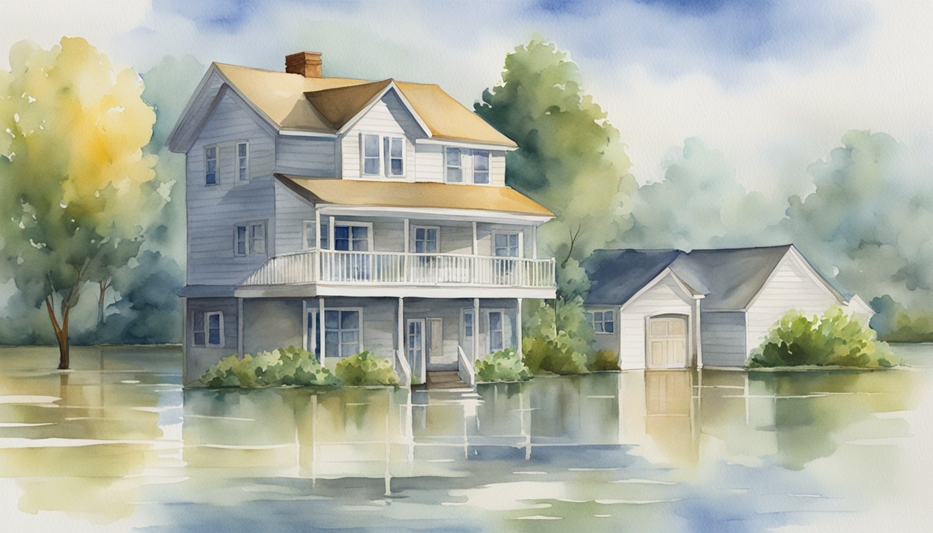 Watercolor painting of flooded suburban house and garage.