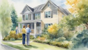 Watercolor of people chatting outside a suburban home.