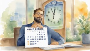 Man with calendar showing "Grace Period" in office.