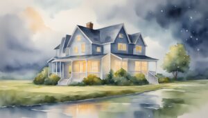 Watercolor painting of large blue house on stormy evening.