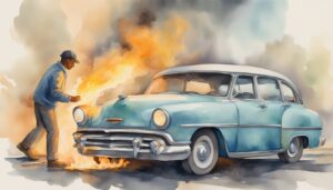 Man examines vintage car on fire, watercolor painting.