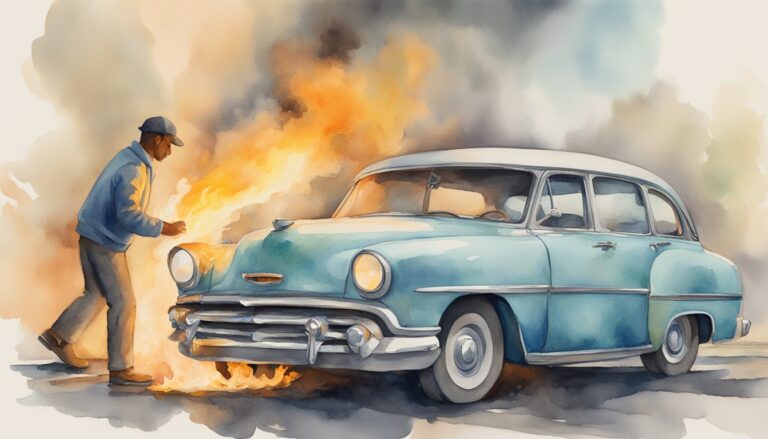 Man examines vintage car on fire, watercolor painting.