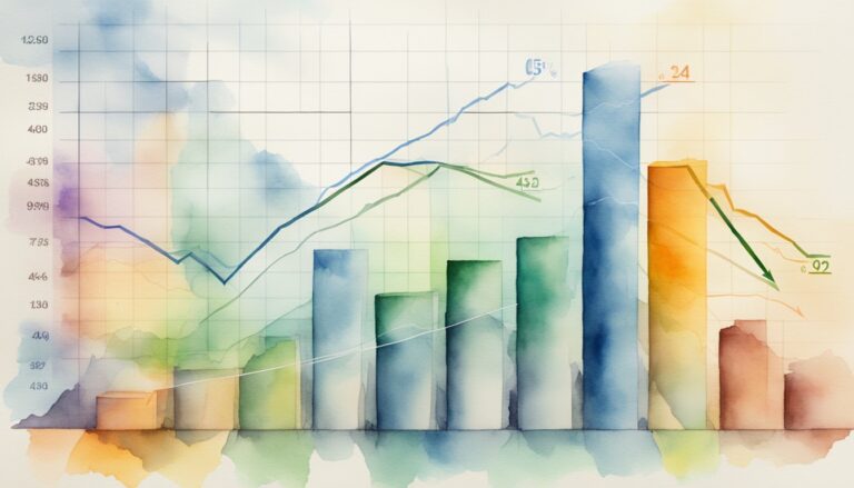 Colorful watercolor financial growth chart with trend lines.