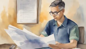 Man reading documents at desk, watercolor illustration.