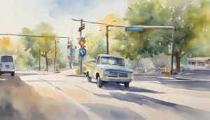 Watercolor painting of street with vintage truck.