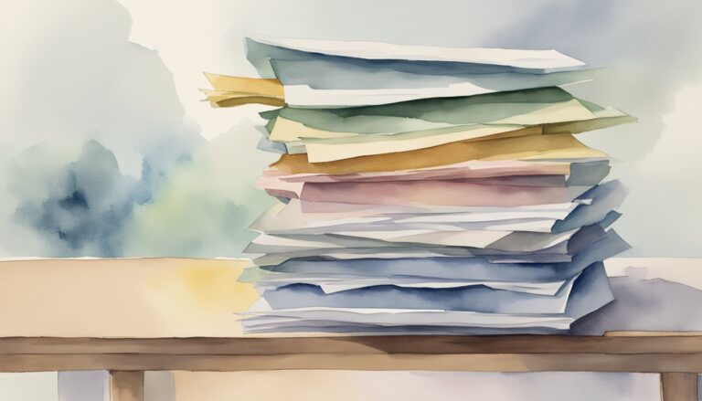 Watercolor painting of stacked, colorful papers on a table.