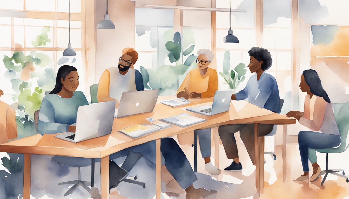 Diverse team collaborates in sunlit, plant-filled office.