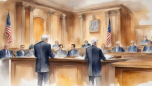 Illustration of lawyers arguing in a courtroom.