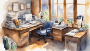 Watercolor illustration of a cluttered office workspace.