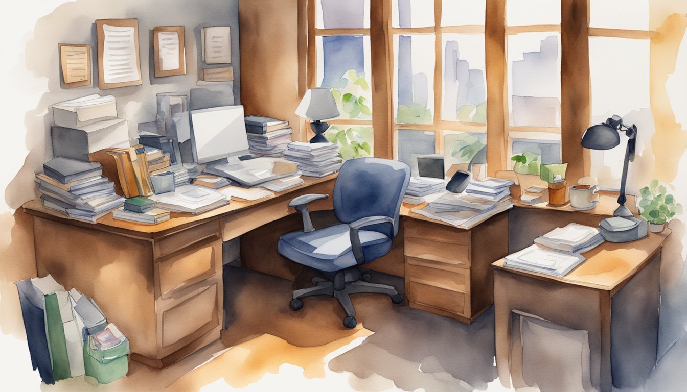 Watercolor illustration of a cluttered office workspace.