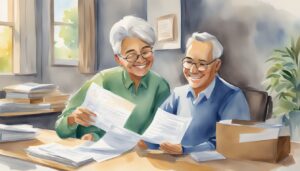 Elderly couple reviewing documents together in a sunny room.