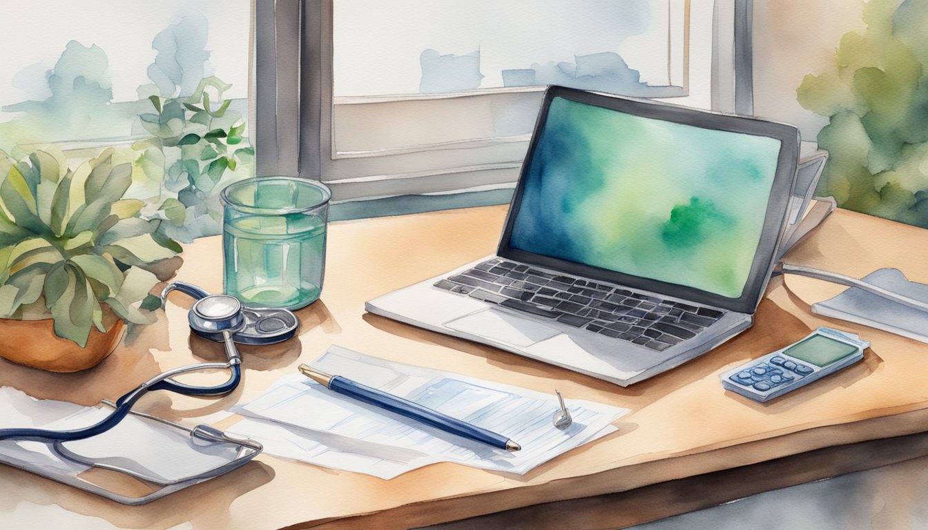 Watercolor painting of a workspace with a laptop and plants.