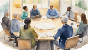 Diverse group in corporate meeting, watercolor illustration.