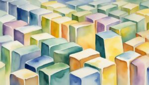 Colorful abstract watercolor painting of geometric blocks.