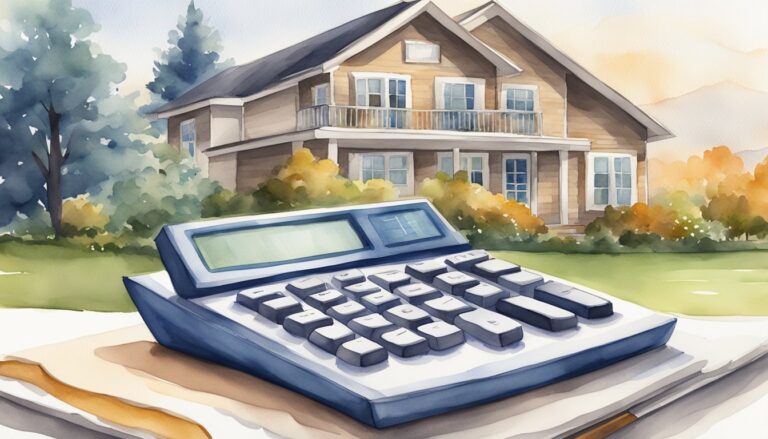 Watercolor of house and calculator, representing home finance.