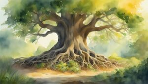 Watercolor painting of an ancient, sprawling oak tree.