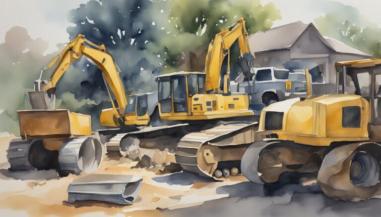 Watercolor of construction site with heavy machinery.