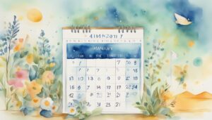 Watercolor illustration of calendar surrounded by flowers and bird.