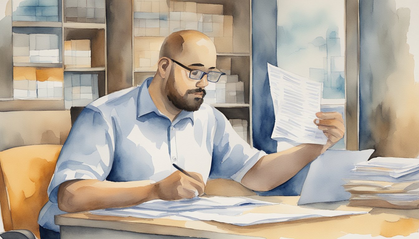 Man reviewing documents in office, watercolor style.