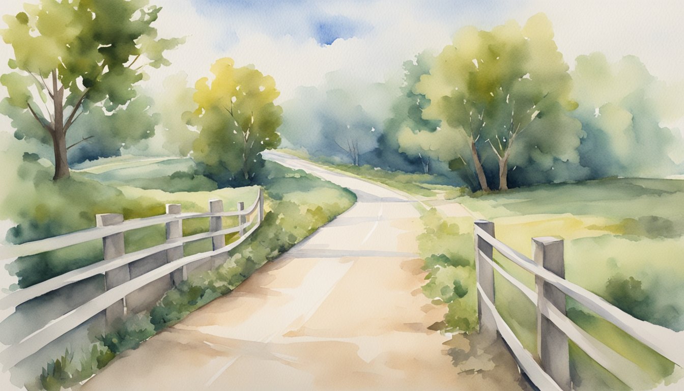 Watercolor landscape of a rural road with trees and fence.