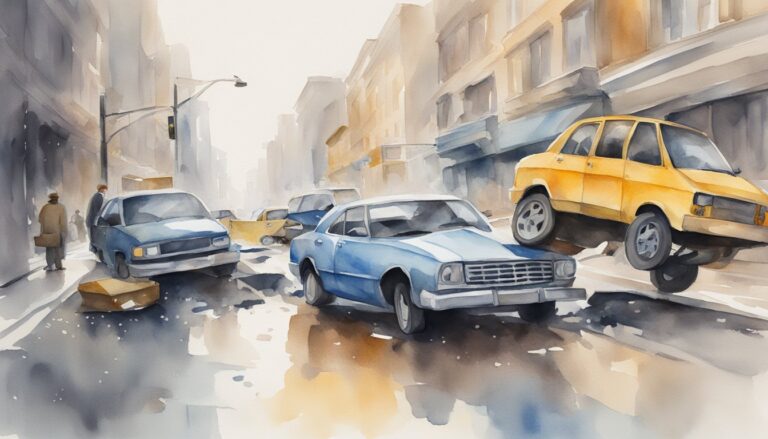 Watercolor painting of urban street with cars and pedestrians.