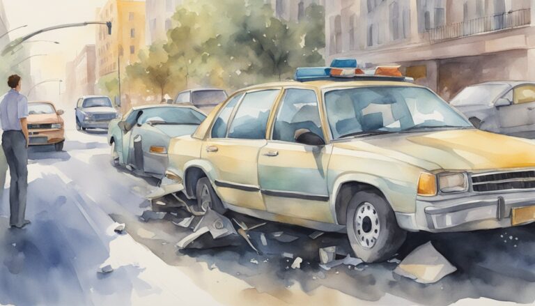 Man viewing city street car accident, watercolor art.