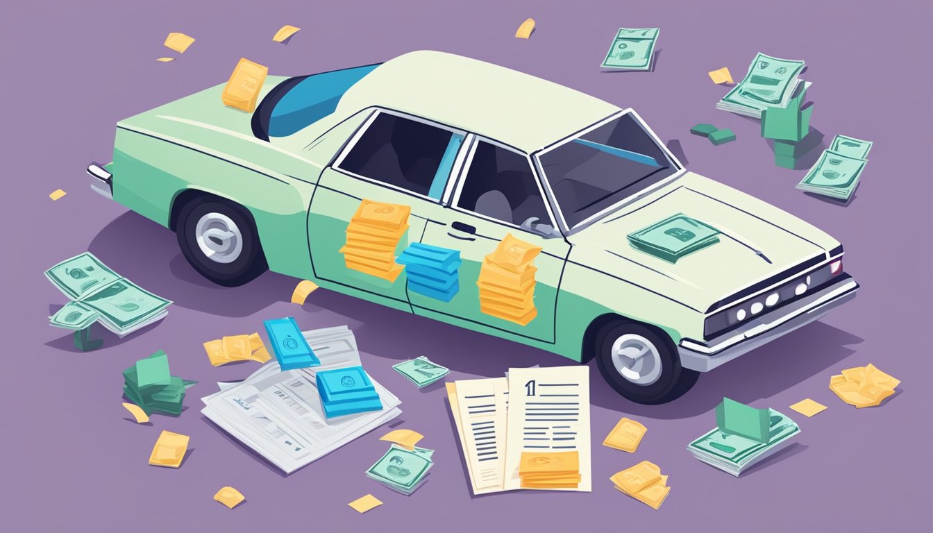 Cartoon illustration of a car surrounded by stacks of money and documents