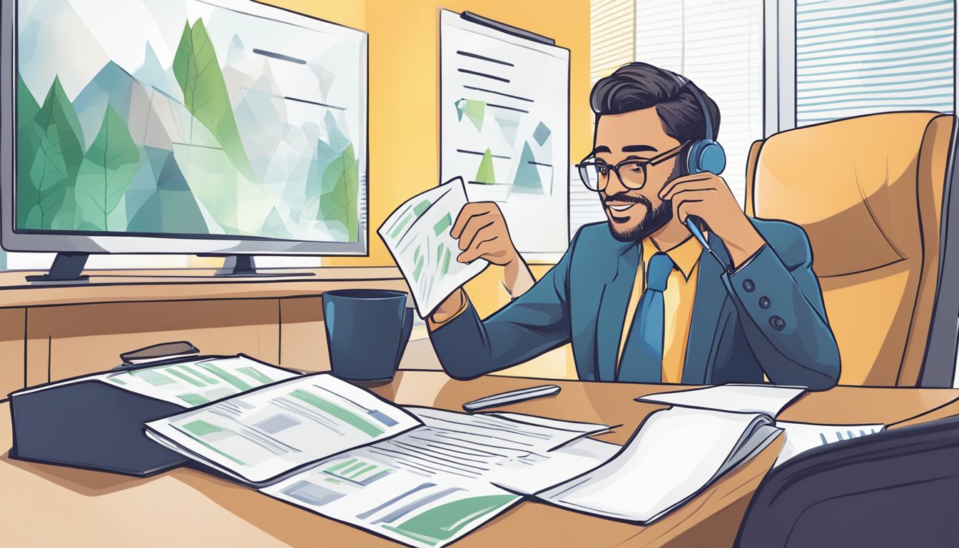 Businessman on the phone, reviewing documents at his desk, with a monitor