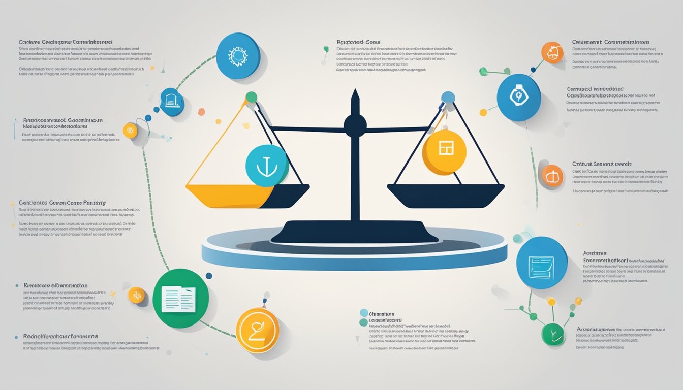 Scales of justice with anchor and building icons, surrounded by text and diagrams