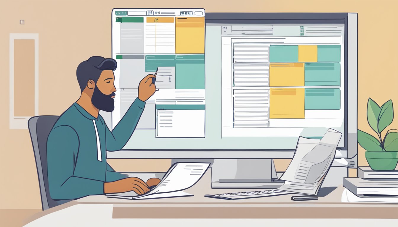 Man at desk pointing at a computer screen with documents