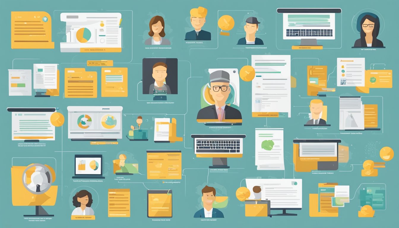 Illustration of people, documents, and computers connected by lines