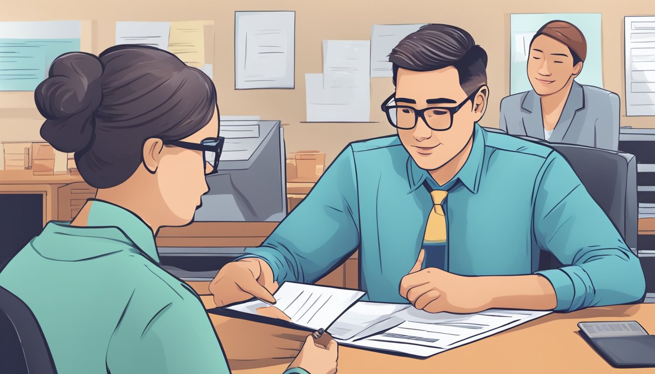 Two people reviewing documents at a desk, another person in background