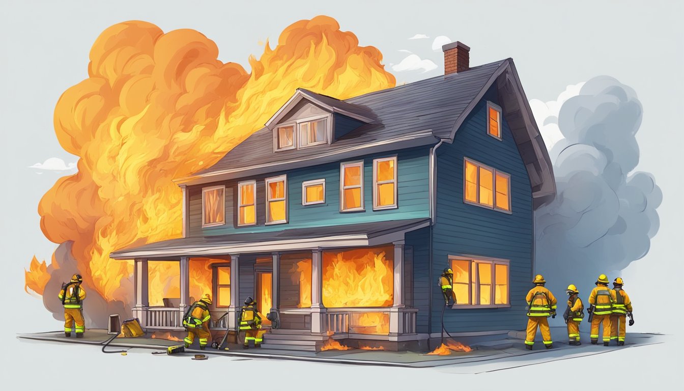 House engulfed in flames with firefighters in yellow gear