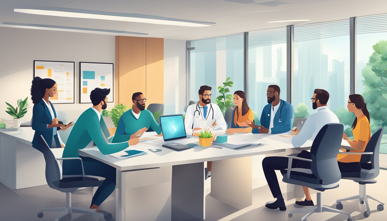 Medical team meeting around a table in a modern office setting