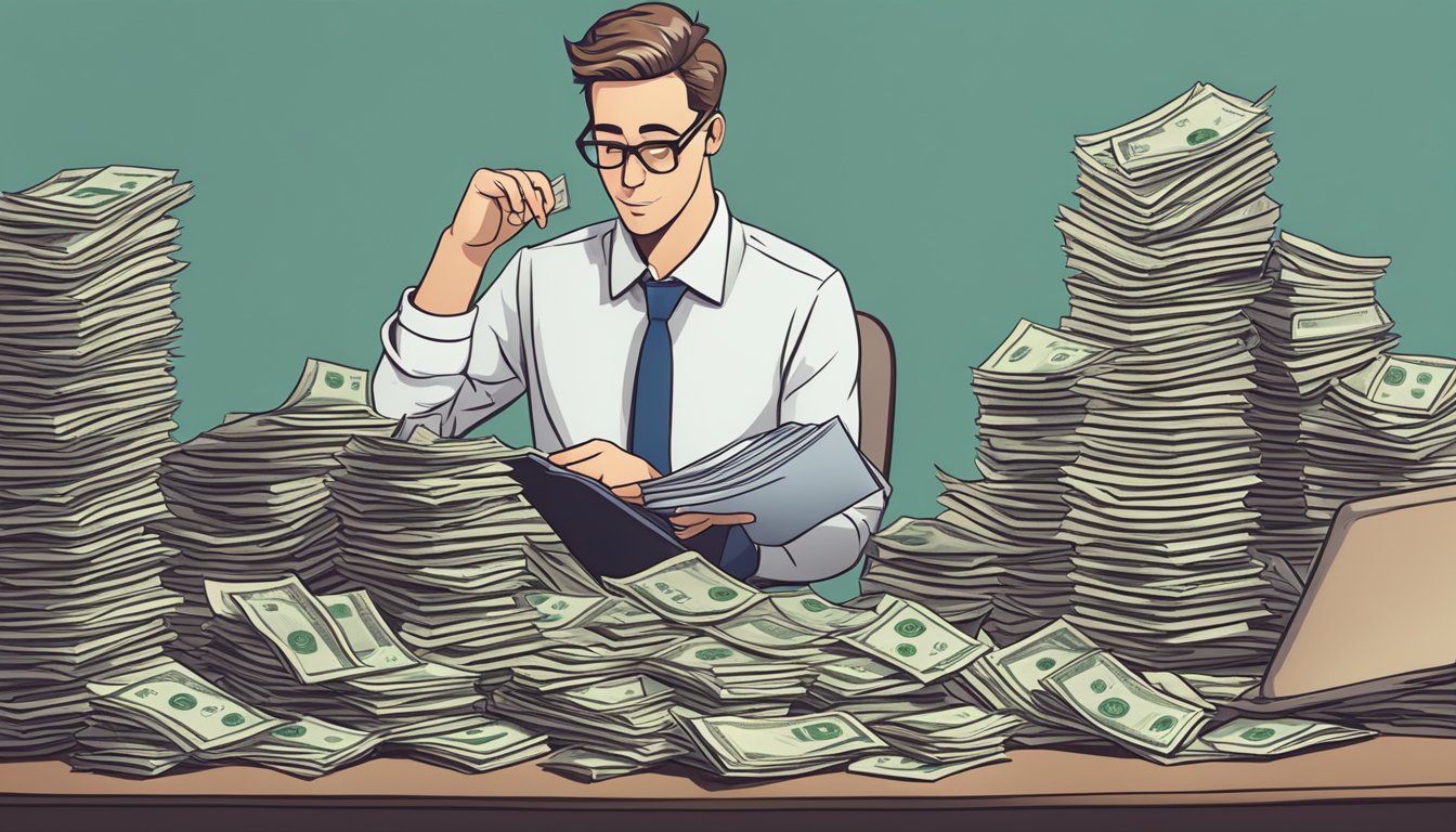 Man in glasses surrounded by stacks of money, reviewing documents