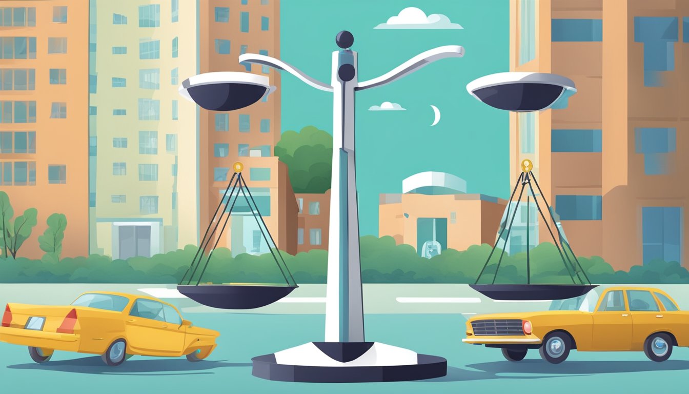 Scales of justice with two yellow cars in a city setting