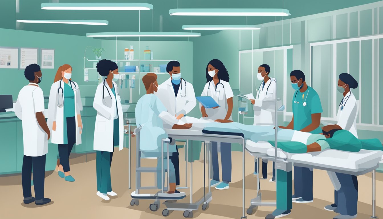 Medical team attending to a patient on a gurney in a hospital room