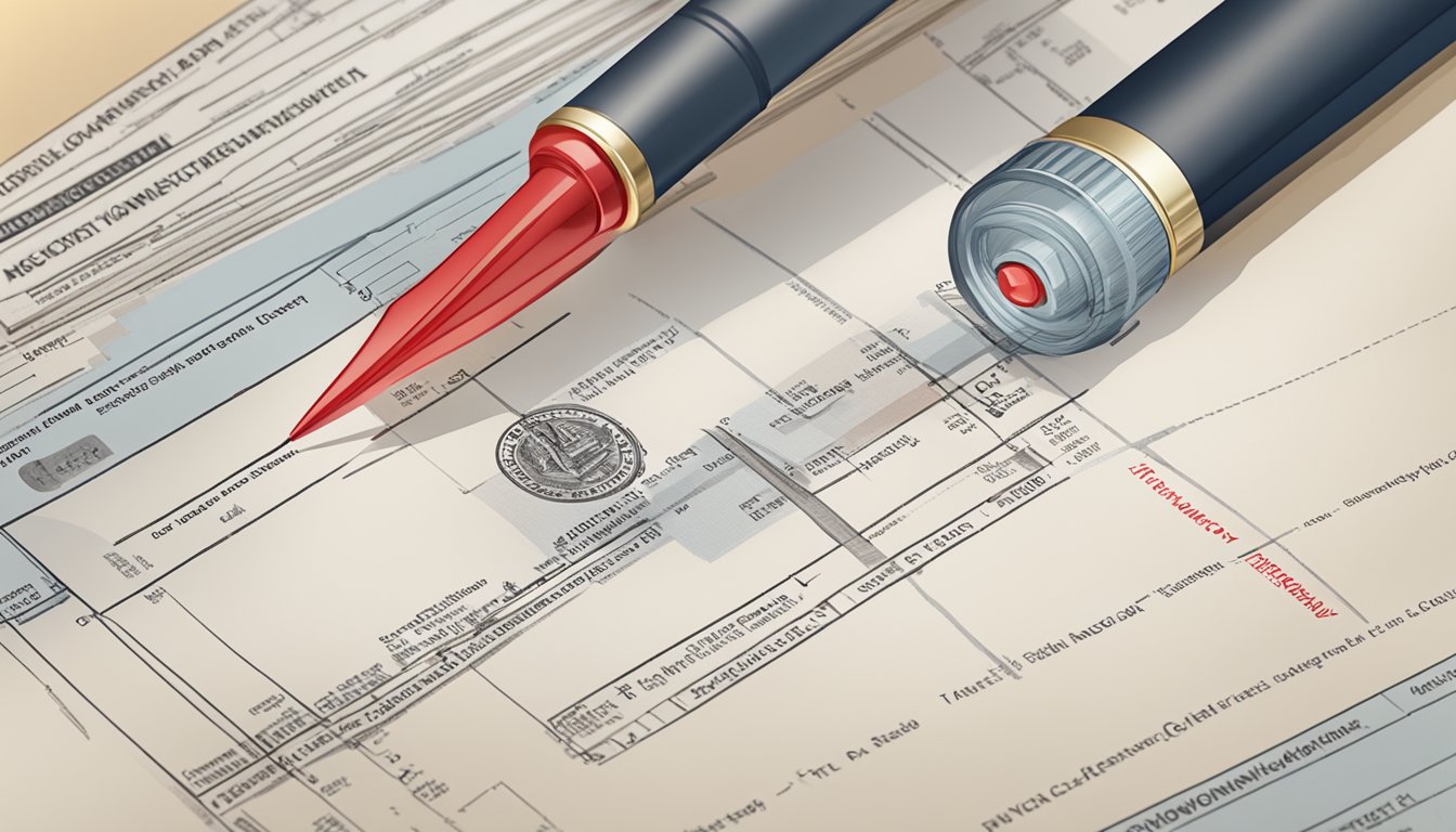 Two pens with red tips on top of a document with text and a seal