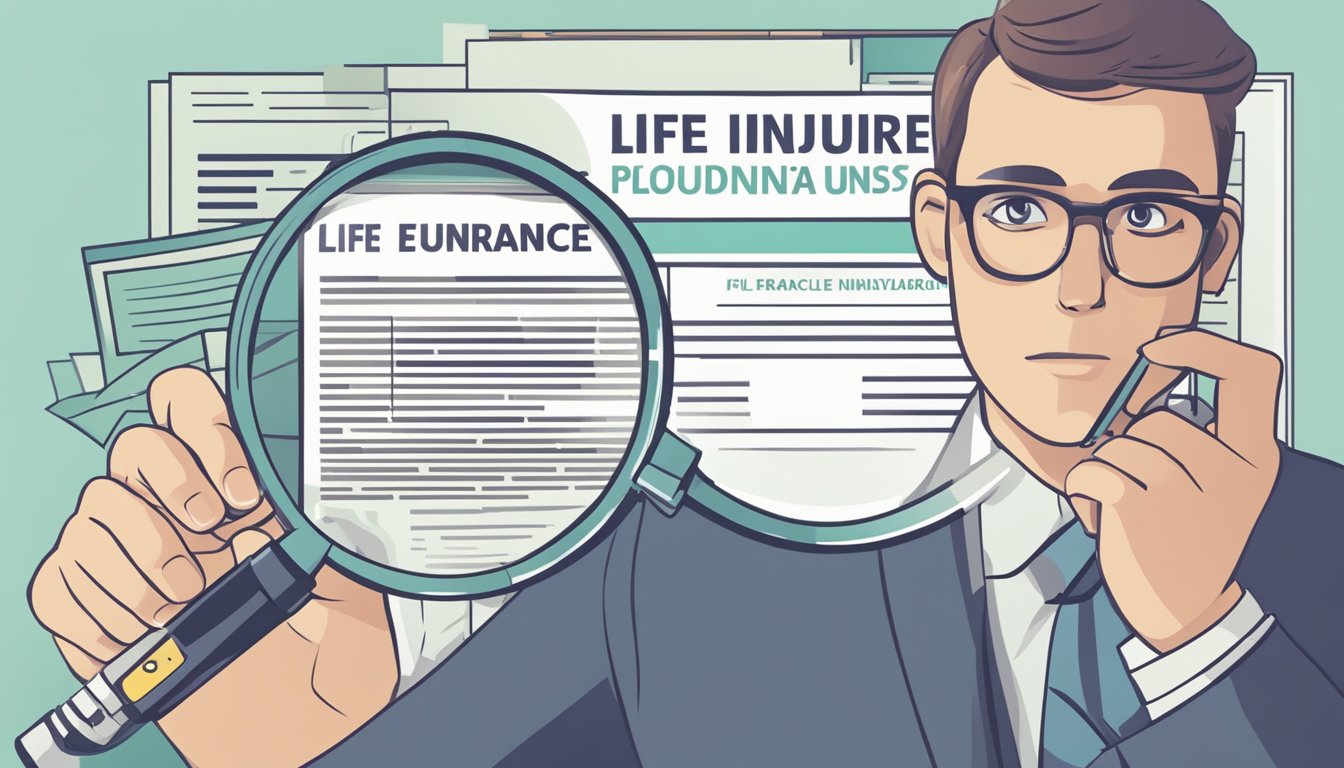 Man with glasses examining life insurance documents with a magnifying glass