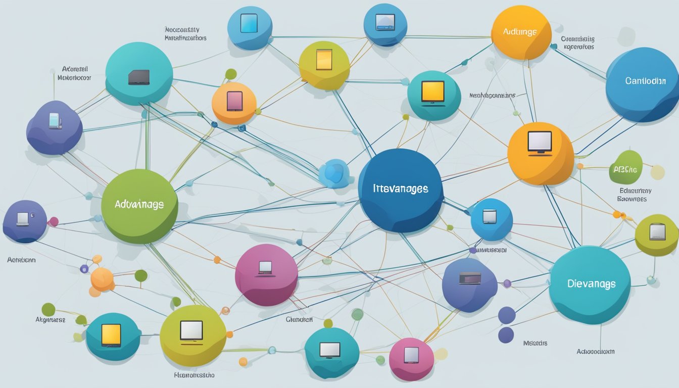 Network diagram with interconnected nodes representing advantages and disadvantages
