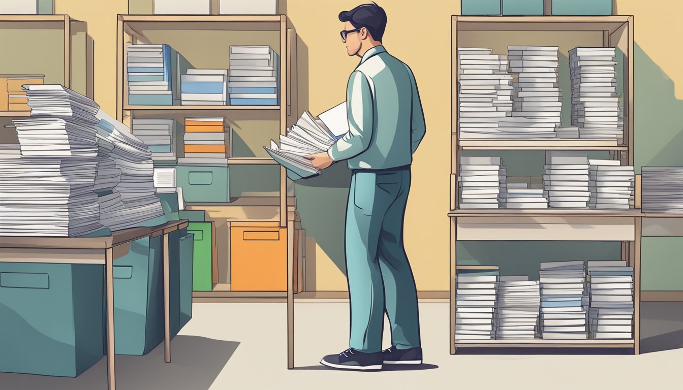 Man in glasses holding papers, surrounded by stacks of documents and shelves
