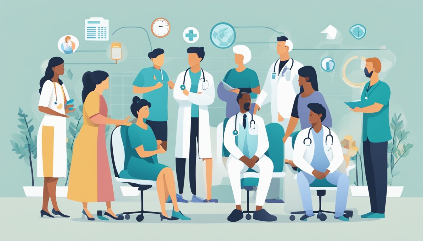Illustration of a medical team with patients, doctors, and nurses in a clinic