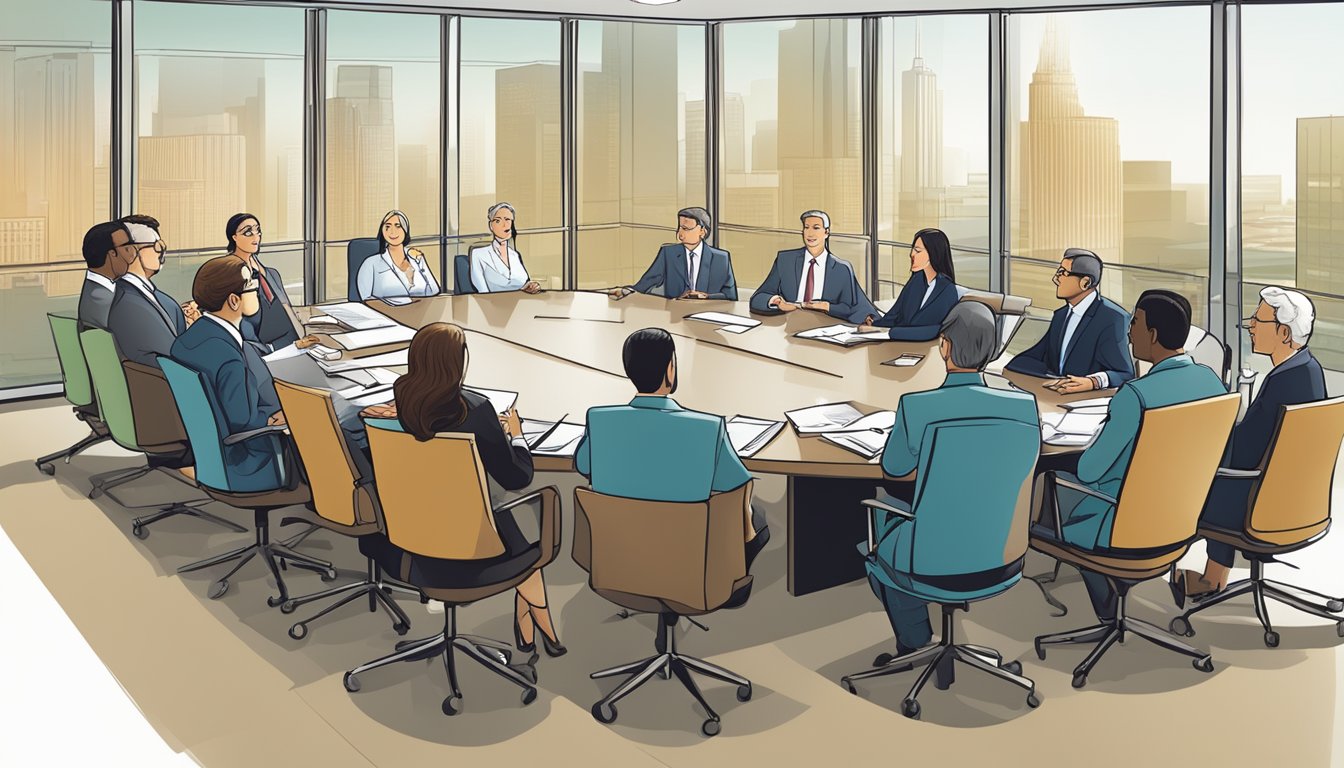 Business meeting in a modern office with a large round table and city view